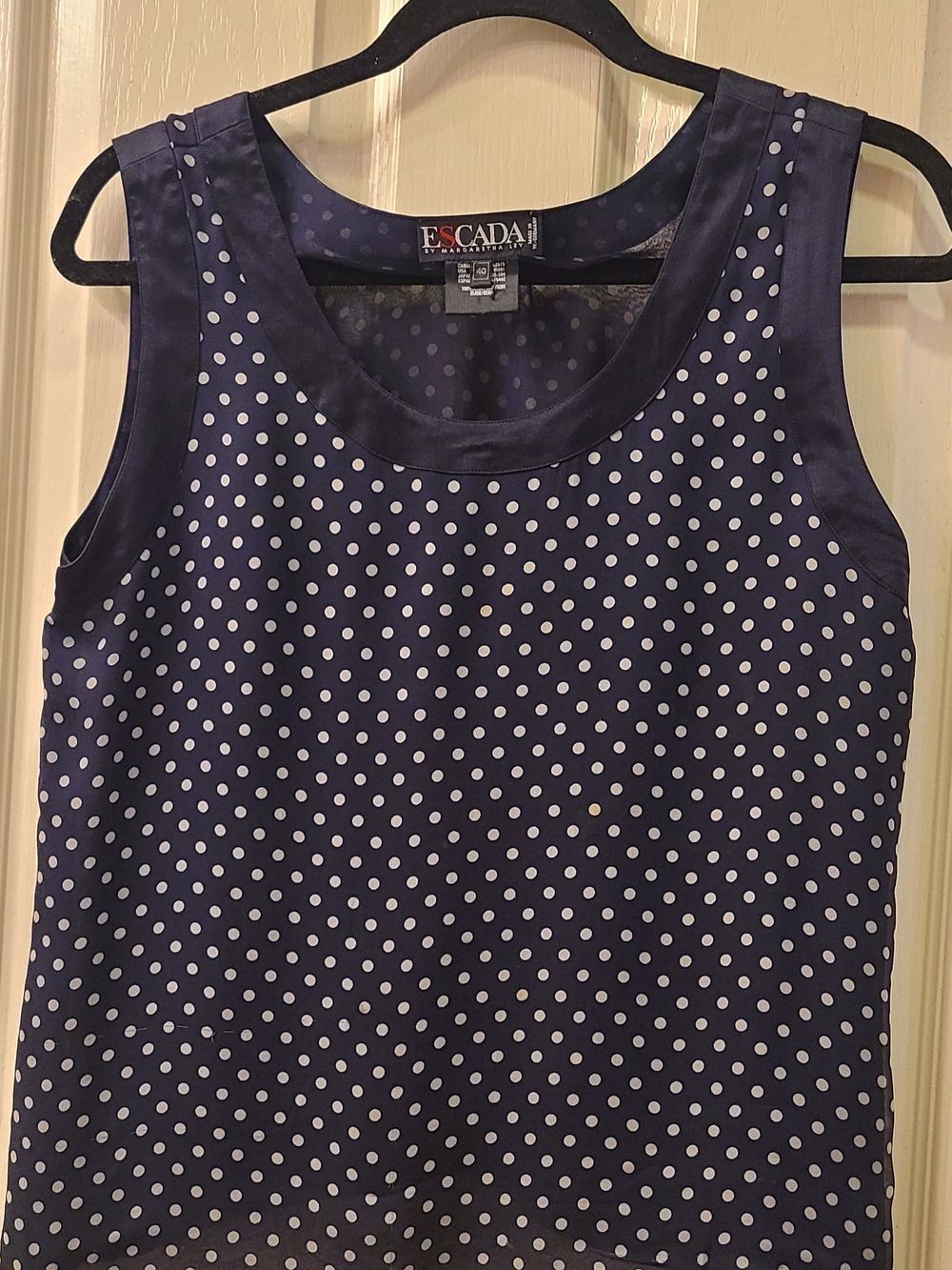 Escada Navy and White Polka Dot Silk Sleeveless Camisole